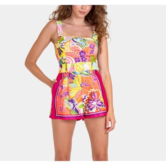 Lavender Brown Kendra Romper Pink Multi Floral Print Summer Outfit, S - Picture 1 of 15